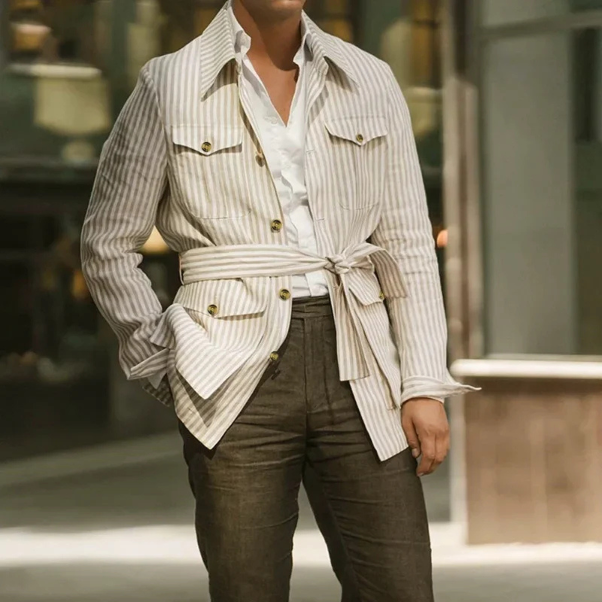 The Lewis Men's Lighweright Striped Linen Shirt with Belt