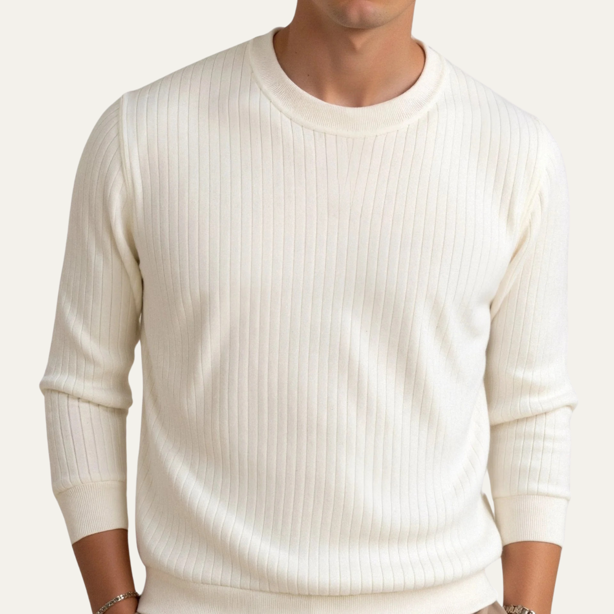 The Cookham Men's White Ribbed Crew Neck Jumper