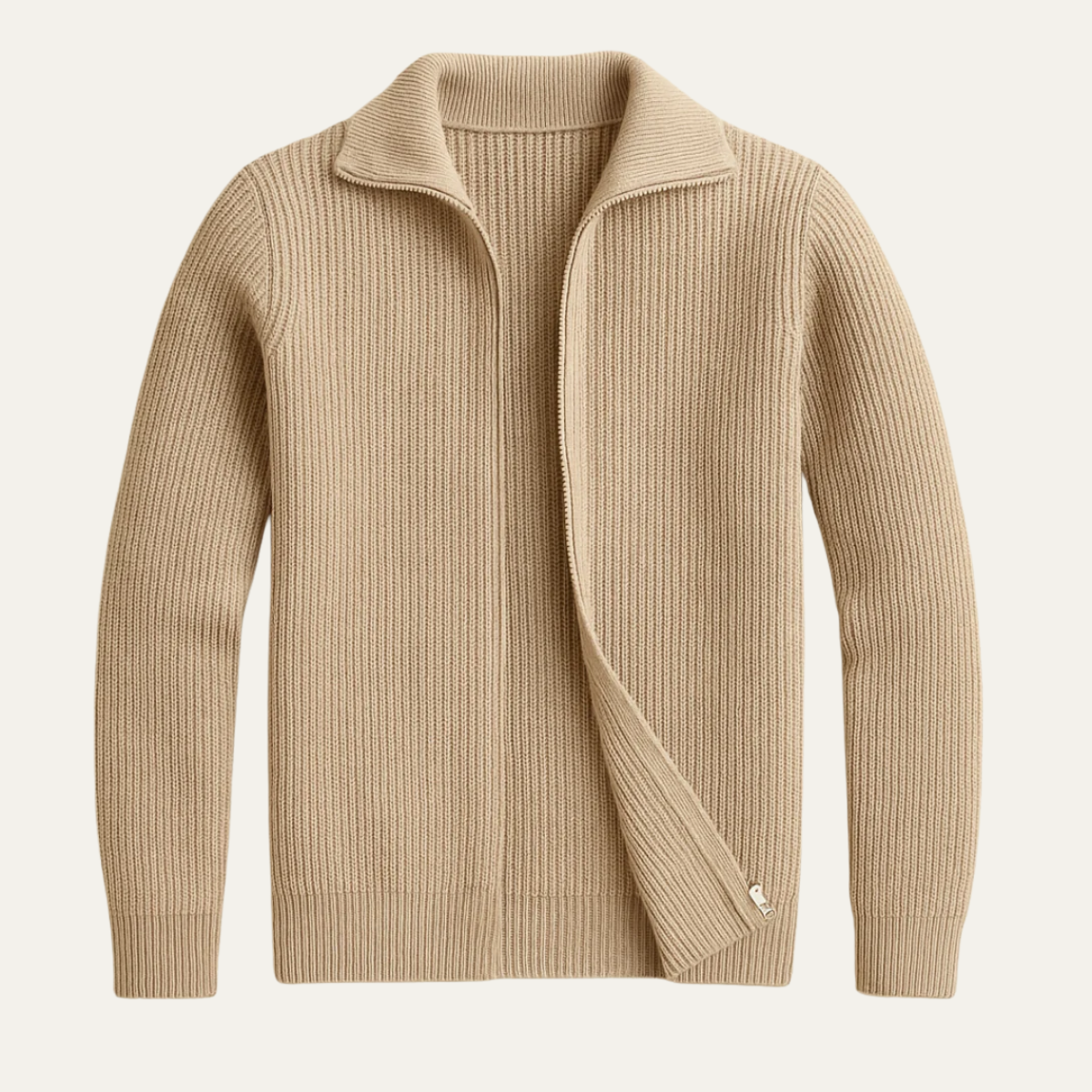The Lisbon Men’s Knitted Full Zip Merino Wool Cardigan – Beige