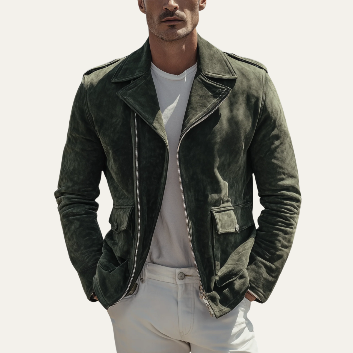 The Regent Men’s Olive Vintage Suede Motorcycle Biker Jacket