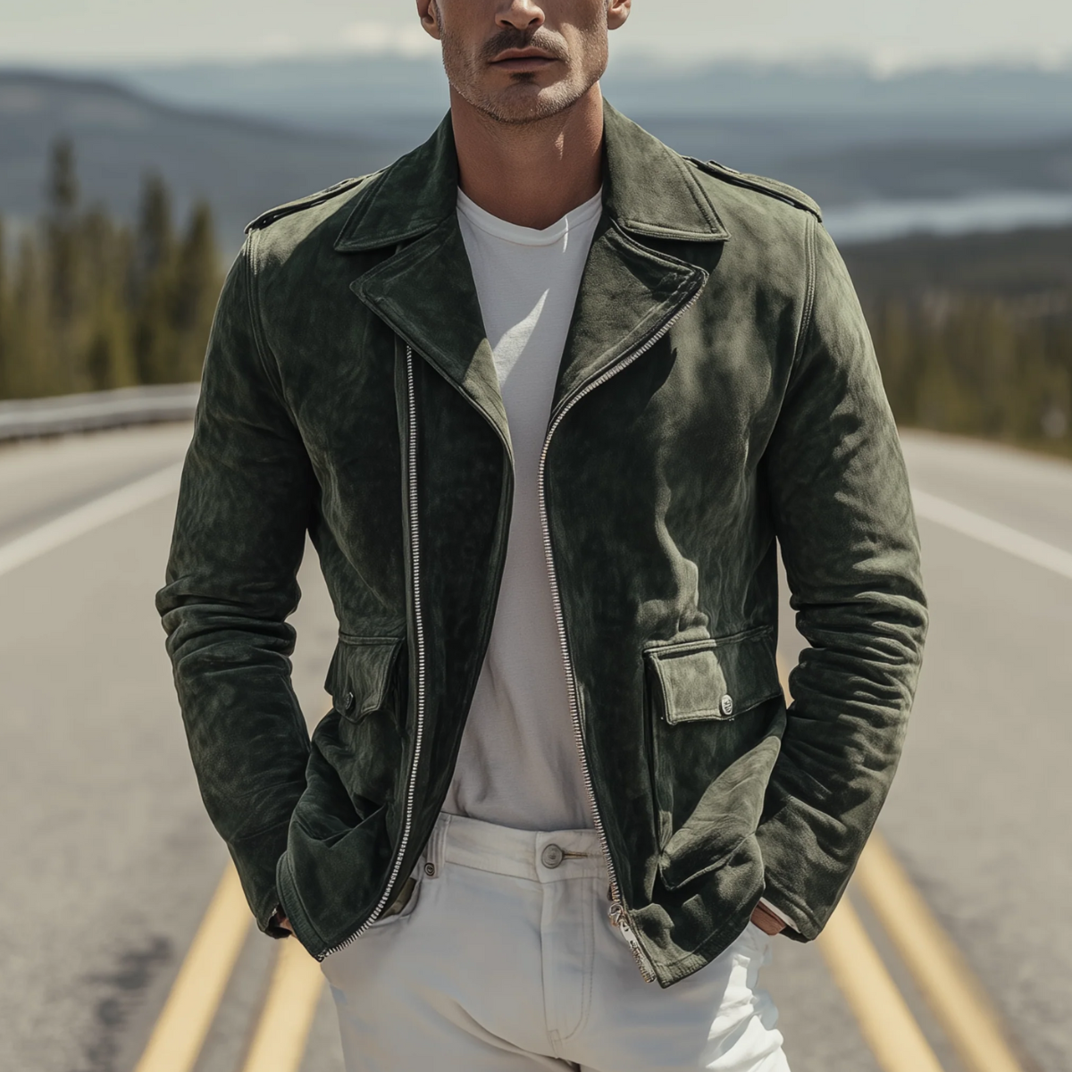 The Regent Men’s Olive Vintage Suede Motorcycle Biker Jacket