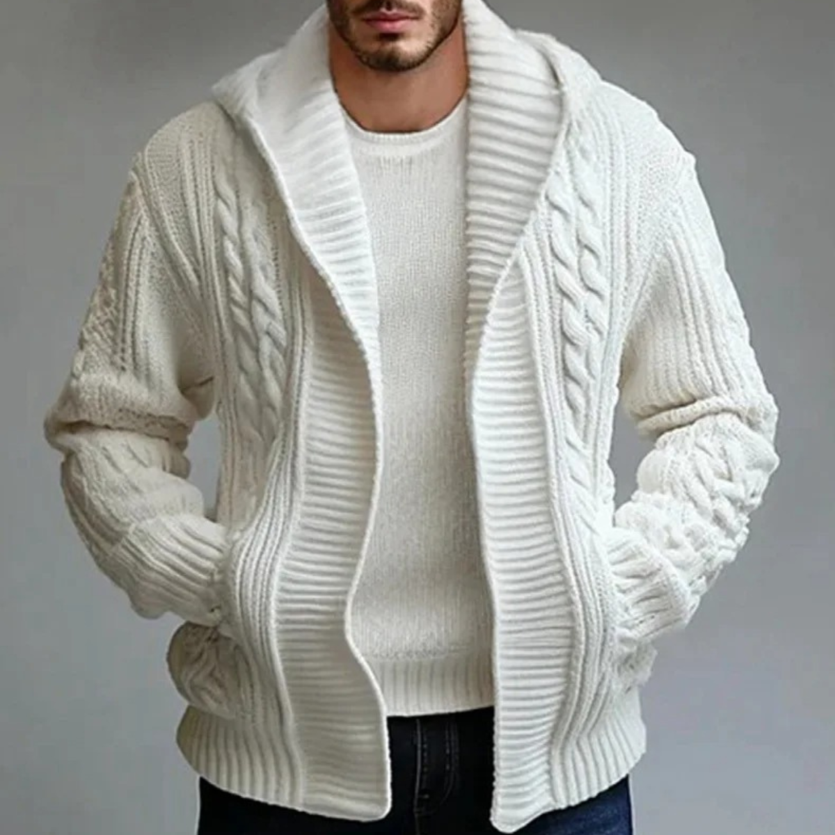 The Trieste Men's White Hooded Cable Knit Winter Cardigan