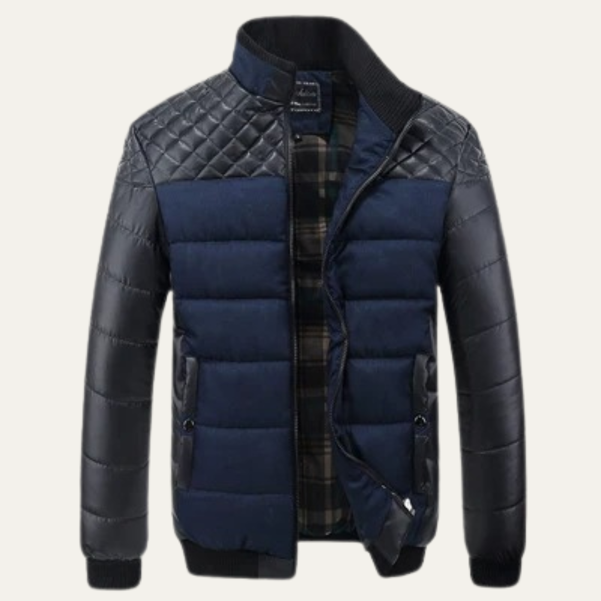 The Roma Men's Quilted Leather Padded Jacket with Stand Collar