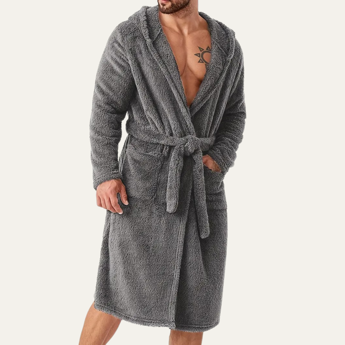 The Hungerford Men's Grey Fleece Hooded Bathrobe with Belt and Pockets