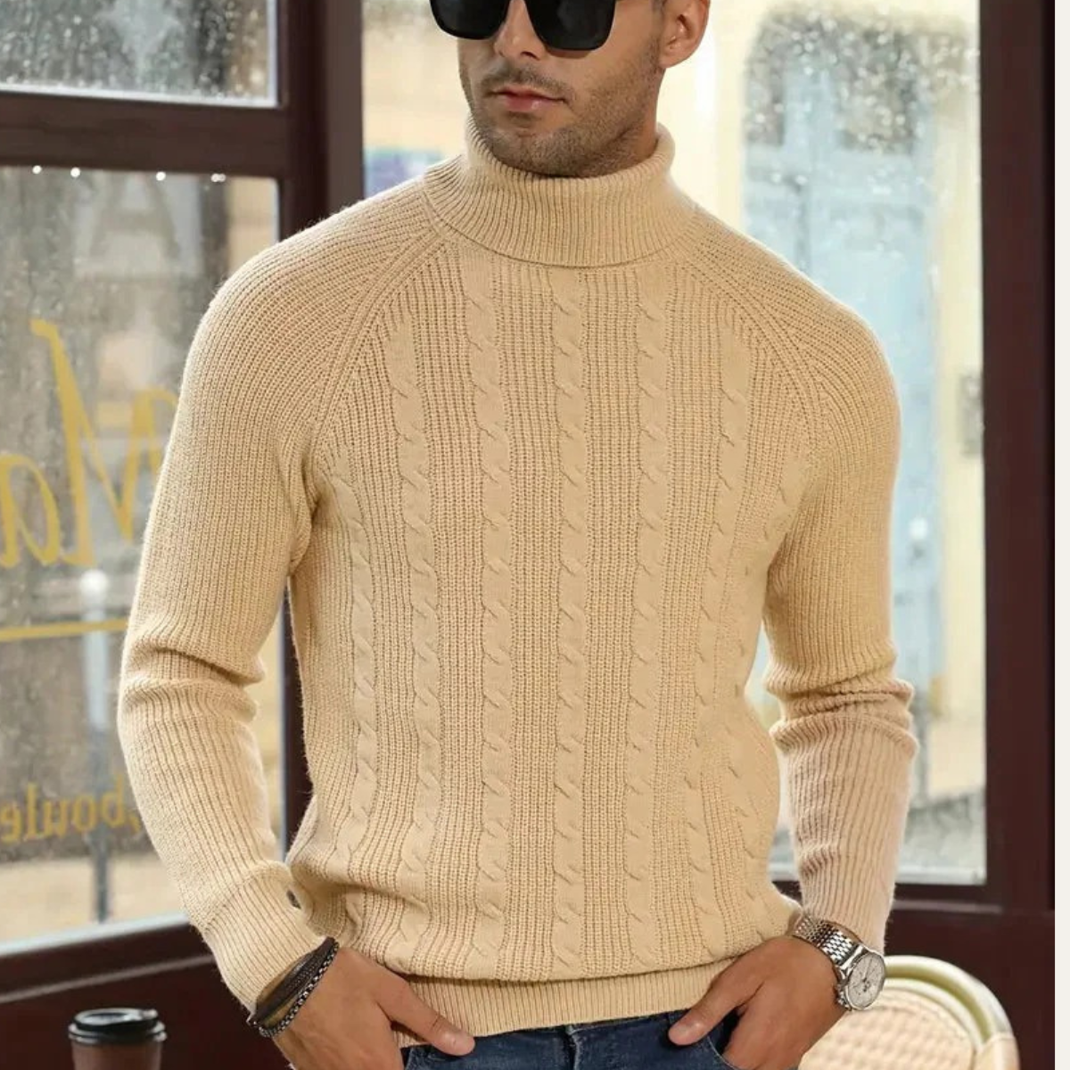 The Richemont Men’s Classic Old Money Cable Knit Turtleneck Jumper - Beige