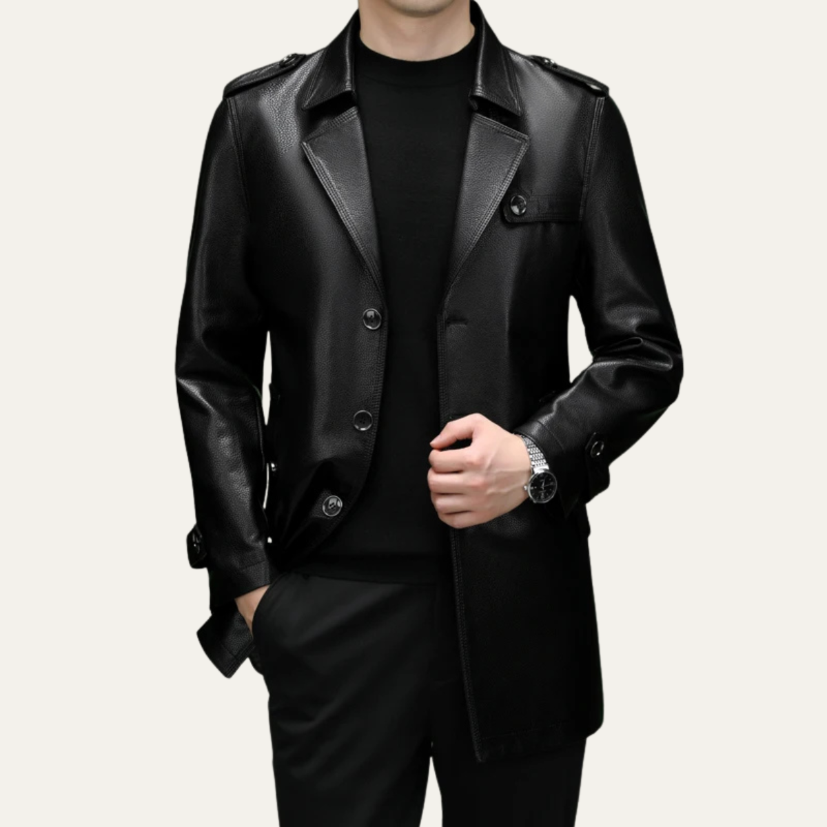 The Baveno Men's Black Smart Business Leather Trench Coat