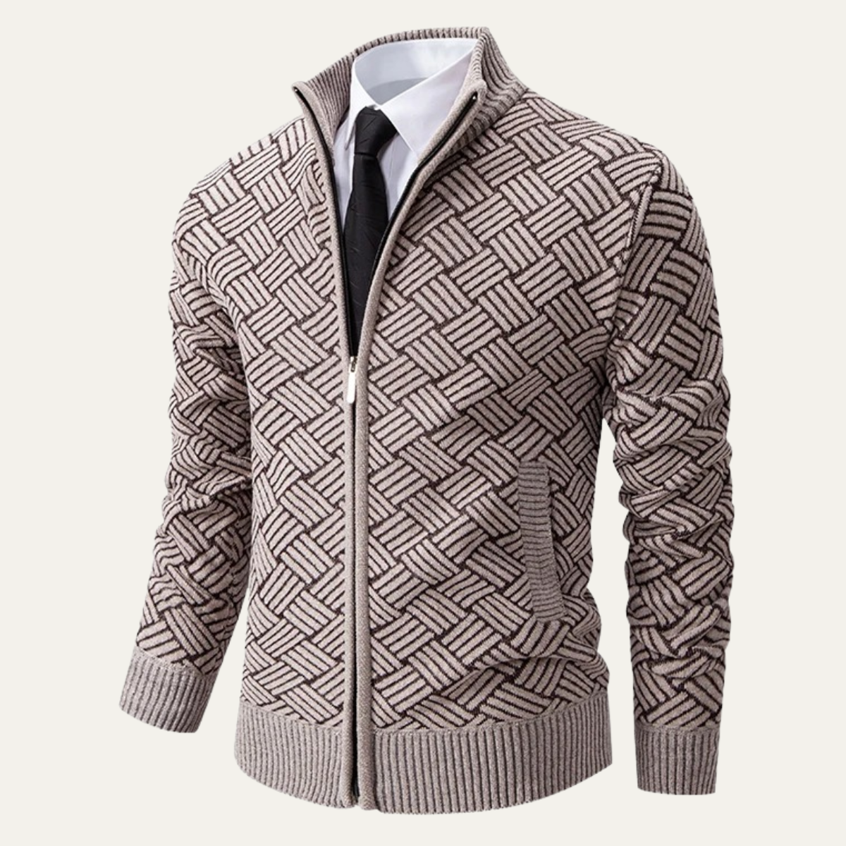 The Volterra Men’s Elegant Knit Diamond Pattern Jacket with Stand Collar