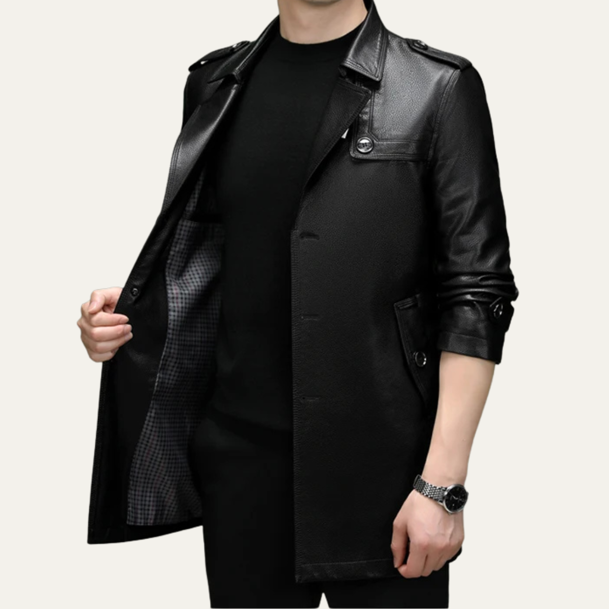 The Baveno Men's Black Smart Business Leather Trench Coat