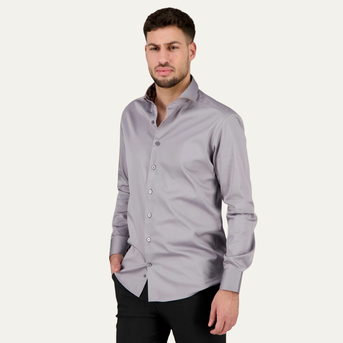 The Mayfair Men’s Tailored Cotton Satin Long Sleeve Dress Shirt - Grey