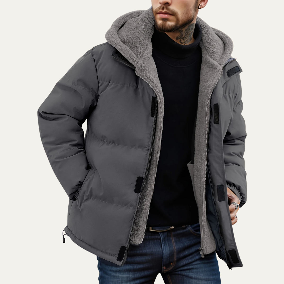 The Hamilton Men's Hooded Zip Up Puffer Jacket with Fleece Lining  – Dark Grey