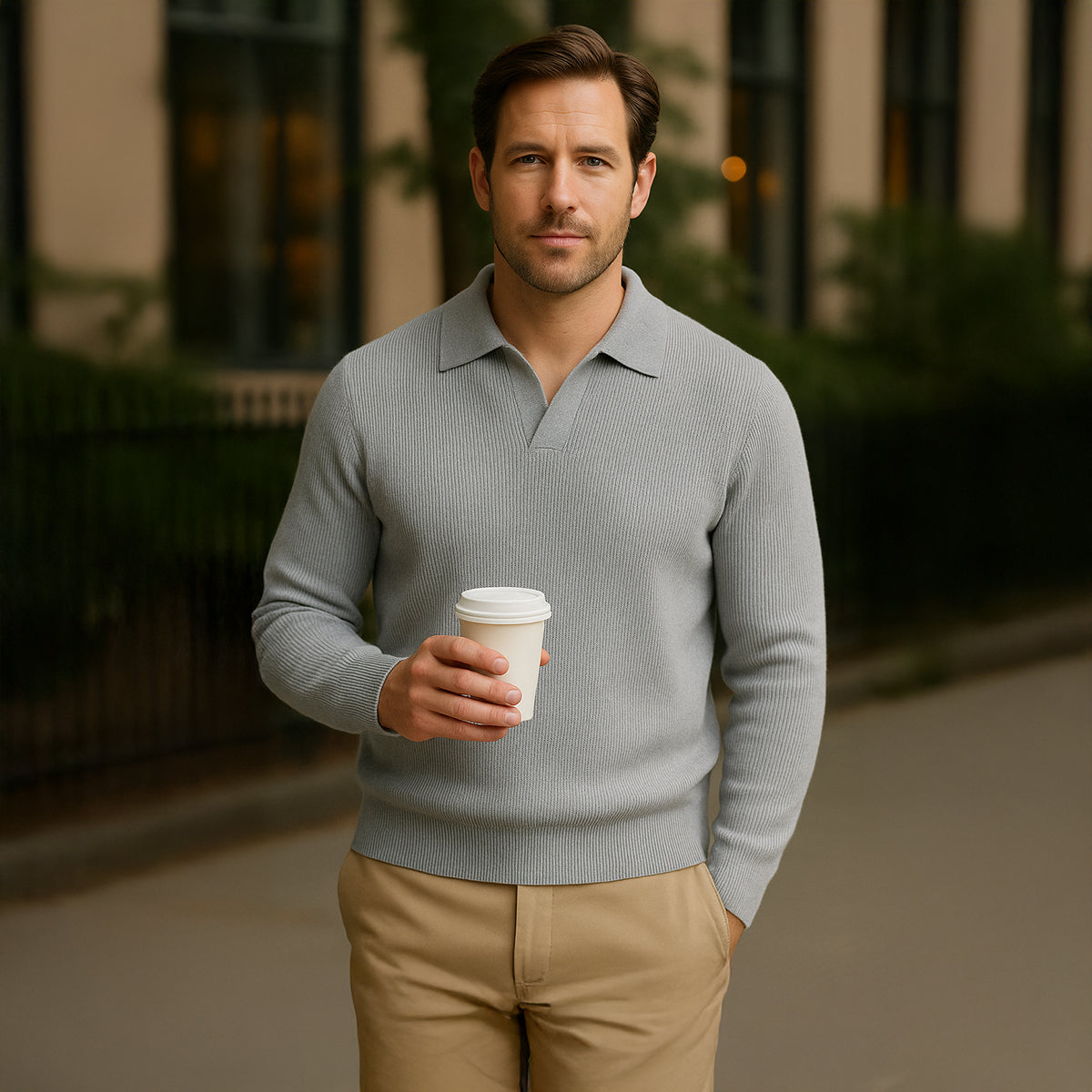 The Portofino Knitted Long Sleeve Polo Jumper for Men - Open Collar