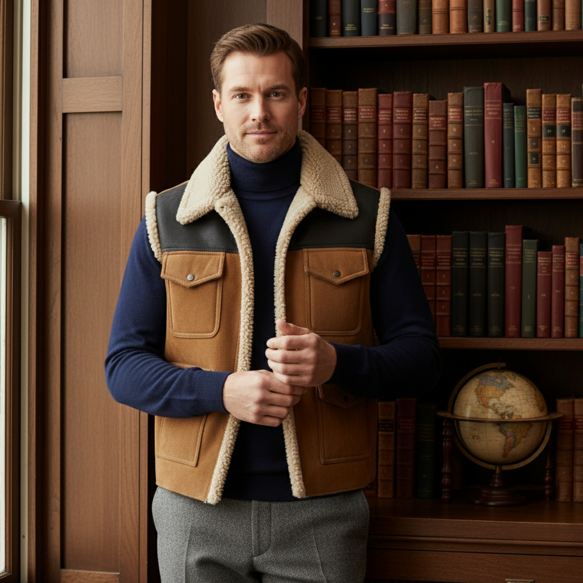 The Rhyl Men's Warm Retro Shearling Gilet with Pockets