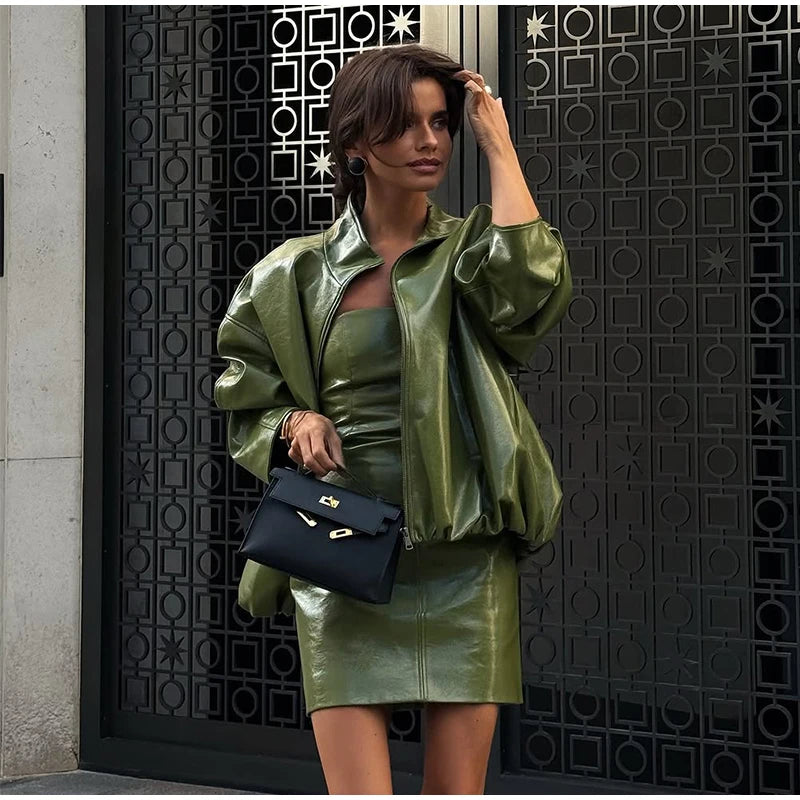 Elegant Leather Jacket – Zip Up High Neck Bomber Style