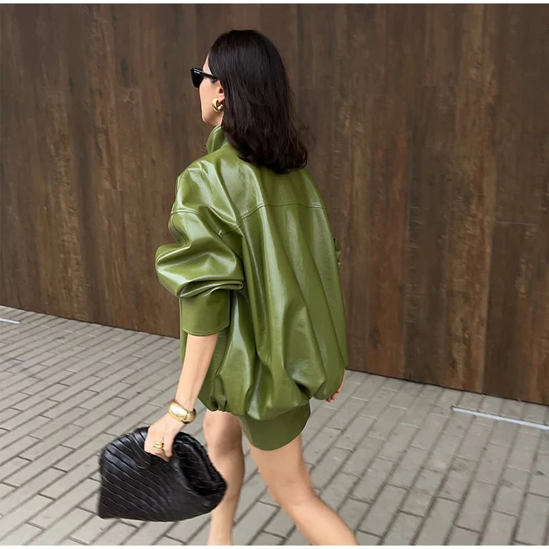 Elegant Leather Jacket – Zip Up High Neck Bomber Style