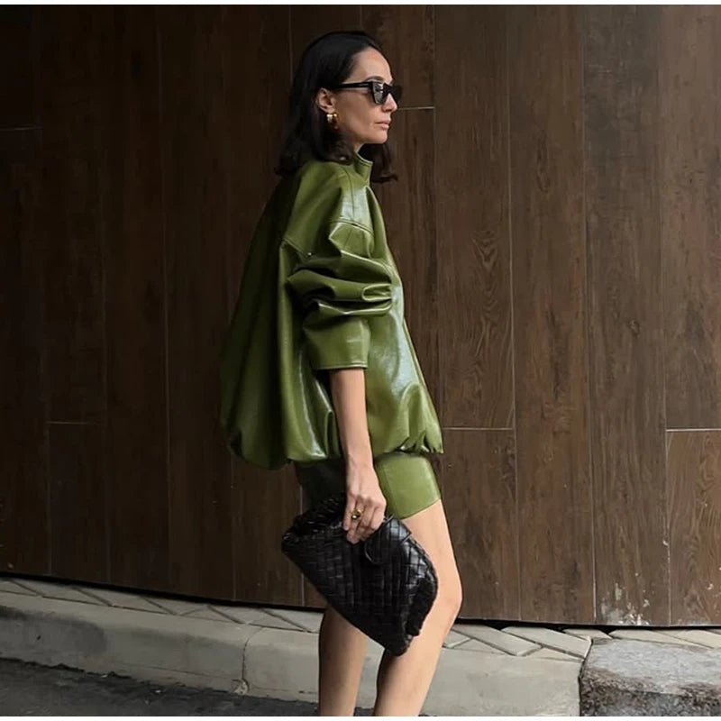 Elegant Leather Jacket – Zip Up High Neck Bomber Style