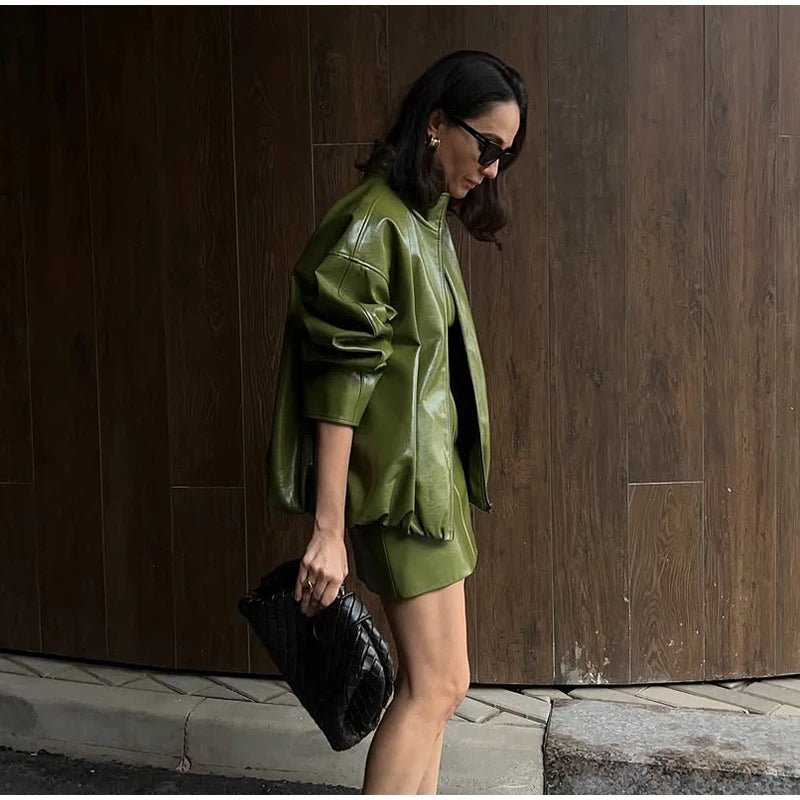 Elegant Leather Jacket – Zip Up High Neck Bomber Style