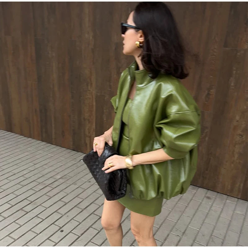 Elegant Leather Jacket – Zip Up High Neck Bomber Style