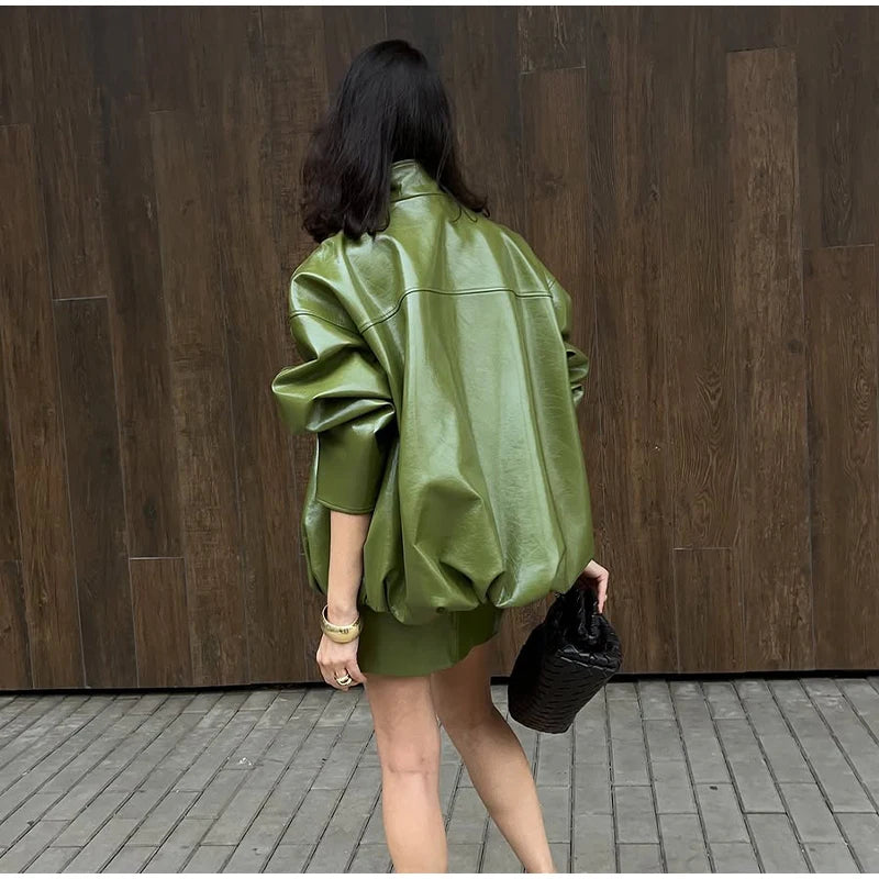 Elegant Leather Jacket – Zip Up High Neck Bomber Style