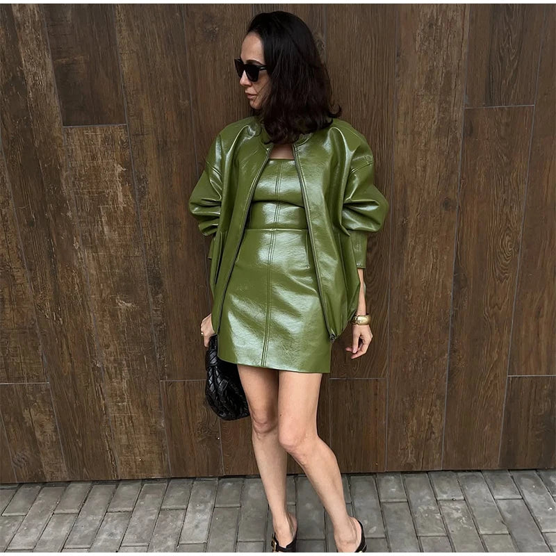 Elegant Leather Jacket – Zip Up High Neck Bomber Style