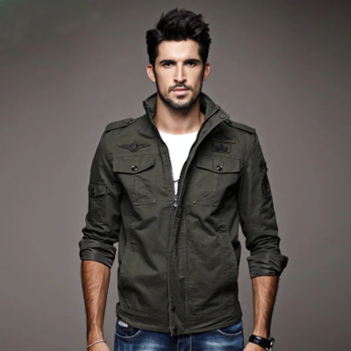 The Levanzo Men's Khaki Military Jacket with Stand Collar & Pockets