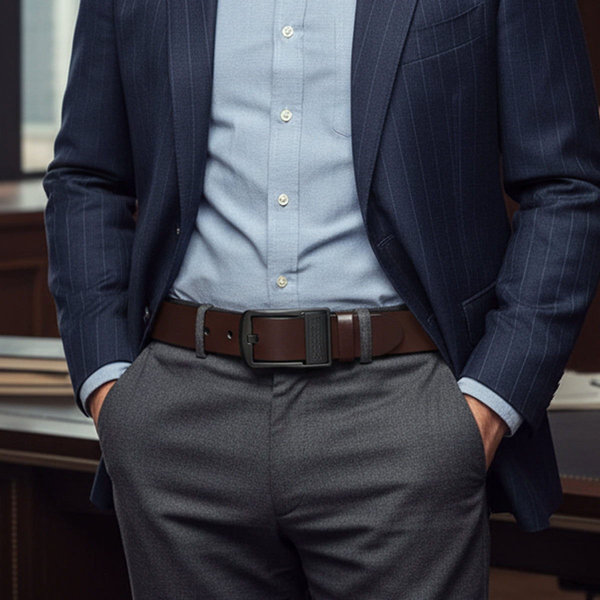 The Brighton Men’s Classic Metal Buckle Leather Cowhide Belt