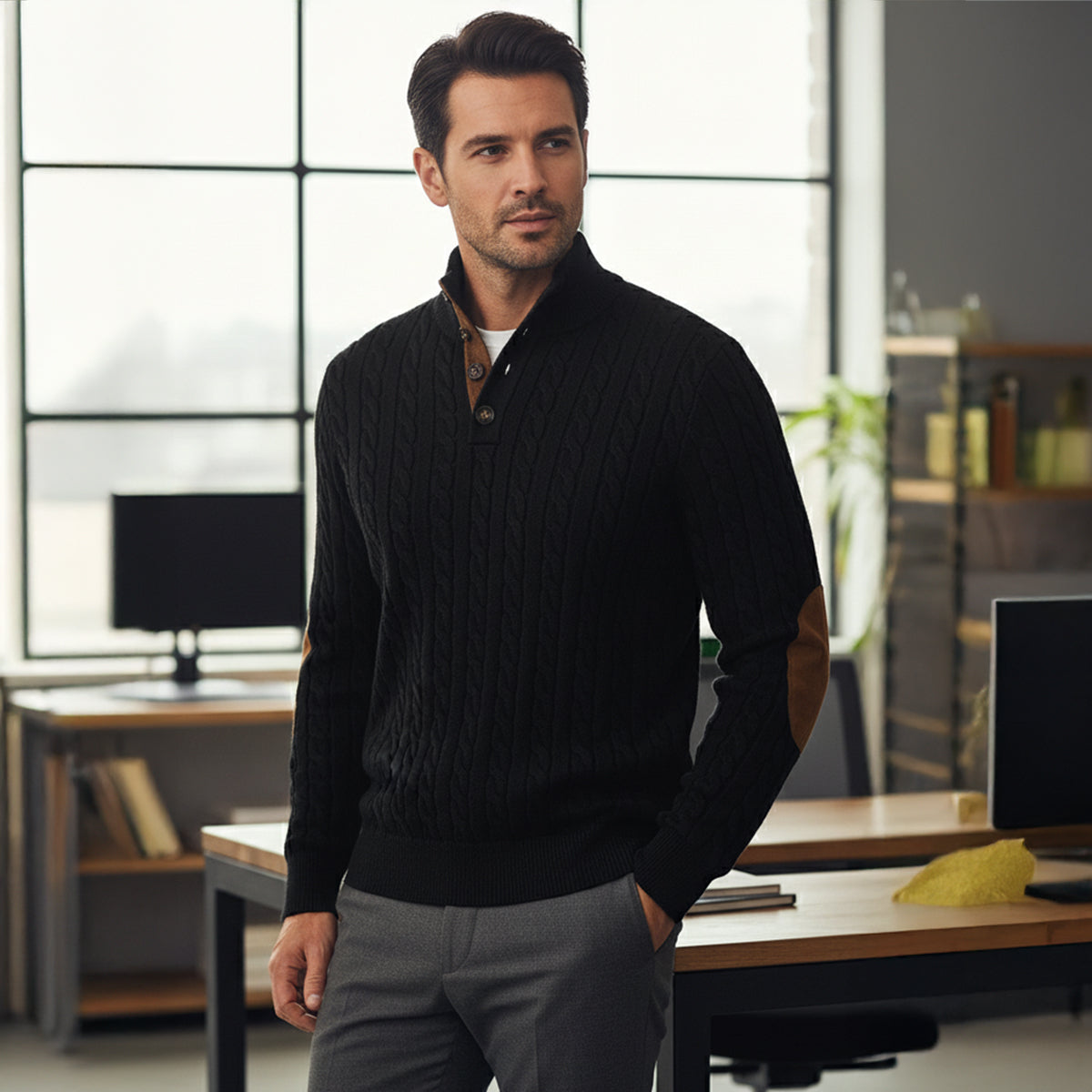 The Stamford Men's Cable Knit Collar Stand Jumper