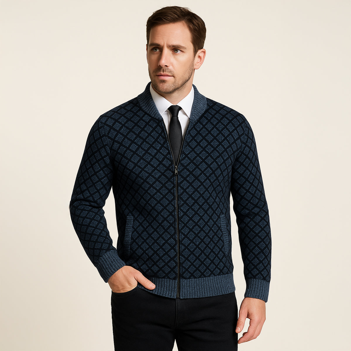 The Bibbona Men’s Knitted Diamond Pattern Zip Up Cardigan