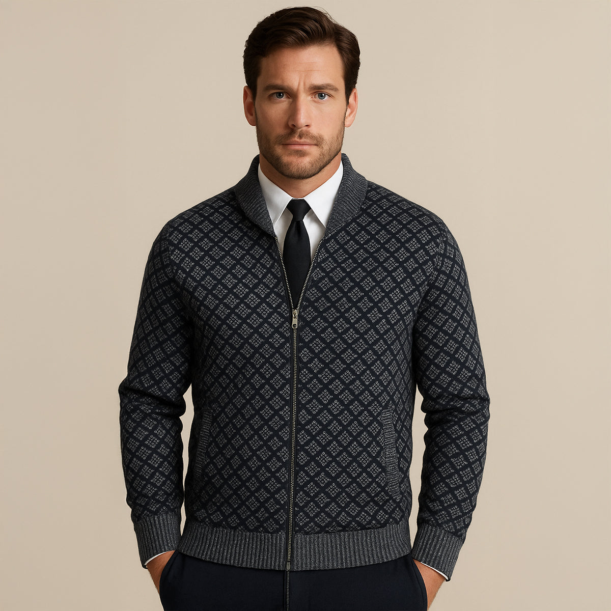 The Bibbona Men’s Knitted Diamond Pattern Zip Up Cardigan