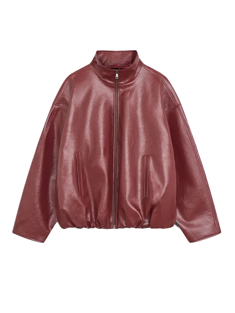 Elegant Leather Jacket – Zip Up High Neck Bomber Style